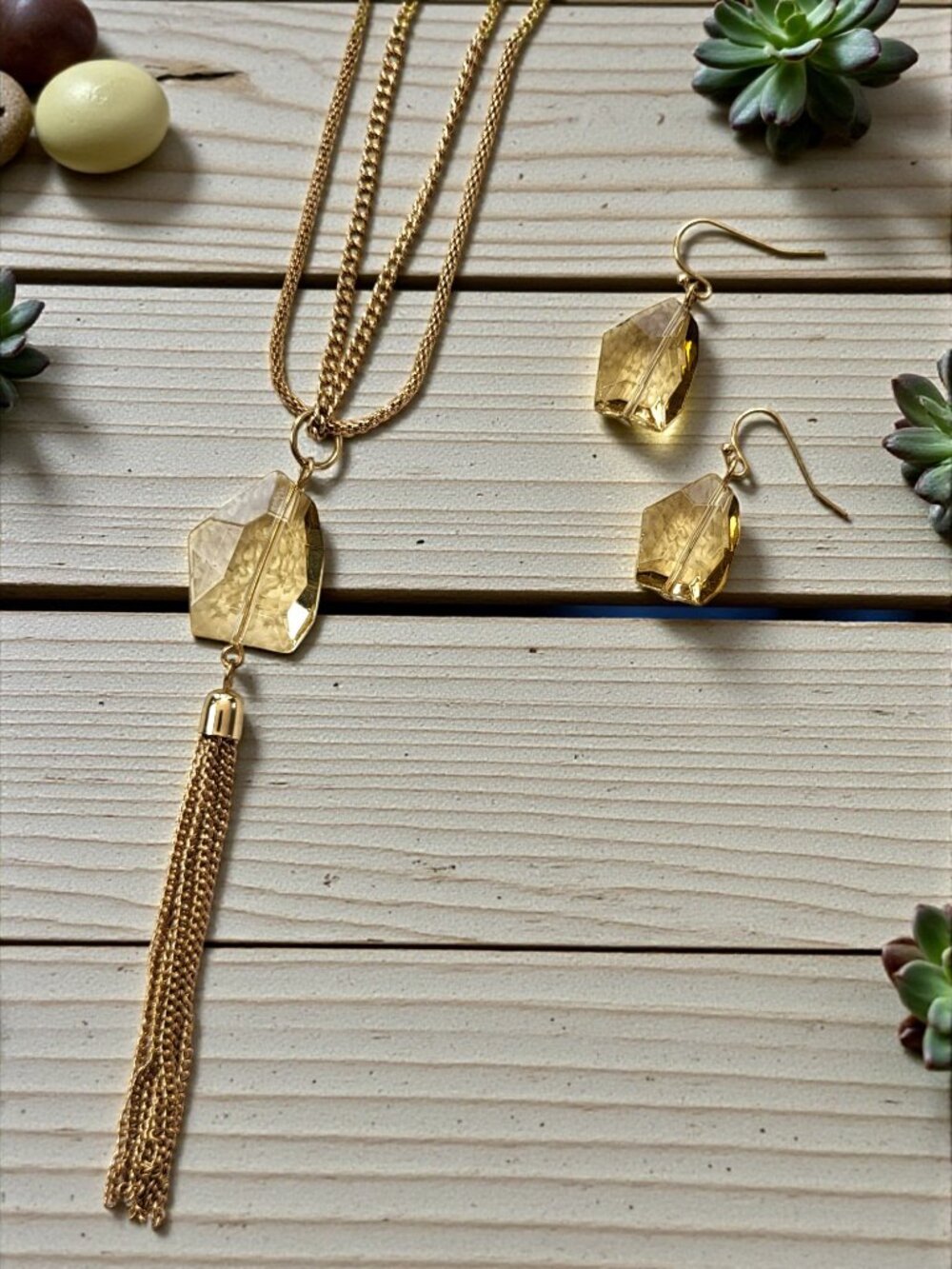 CATO Light Topaz Crystal Tassel Necklace & Earrings Set